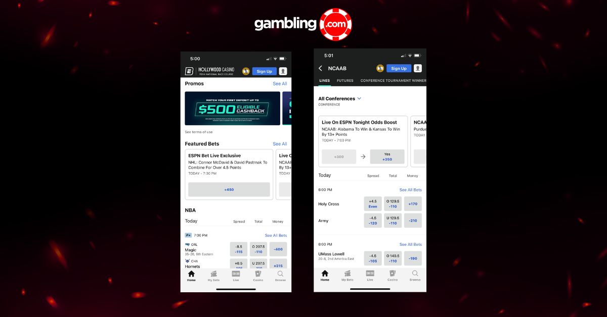 Screenshots of the ESPN BET app in the U.S.