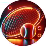 red, blue, and black tennis racket next to a tennis ball