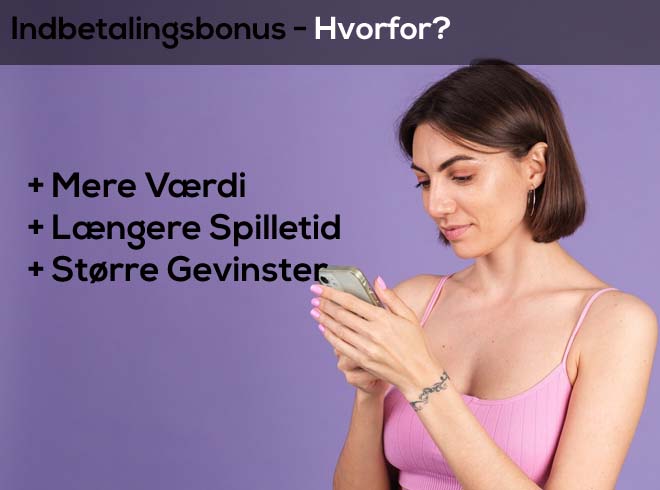 Pige kigger på telefon, teksten siger 'bedste indbetalingsbonus'